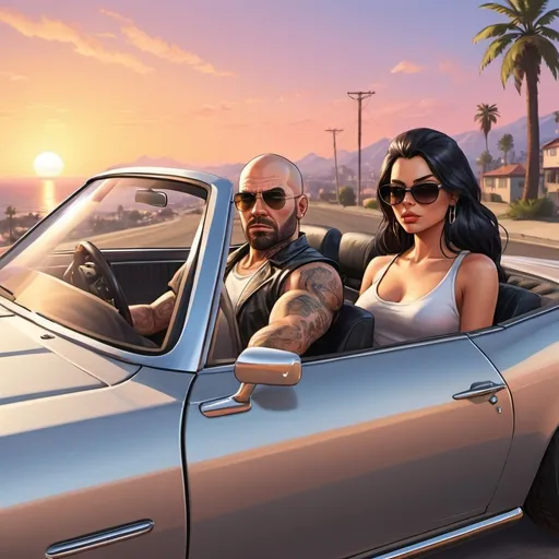 Prompt: annimated characters like grand theft auto , a bald guy with beard and sunglasses in a sport silver car with a girl with long black hair and sunglasses being on a nice view from high while sunset