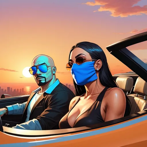 Prompt: annimated characters like grand theft auto  , one character drive is male and he have light brown skin big lips , bald head and a beard while wearing sunglasses and next to him one woman with long black hair cut eyes nice lips and wearing sunglasses ., in a sport car on a high view on sunset 