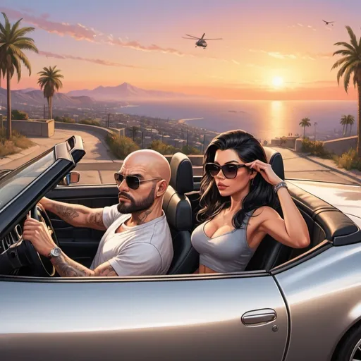 Prompt: one picture with annimated characters like grand theft auto, one guy with bald head and beard and sunglasses siting in a silver cabrio car  and driving with one girl with long black hair and sunglasses on sunset with a good view from high