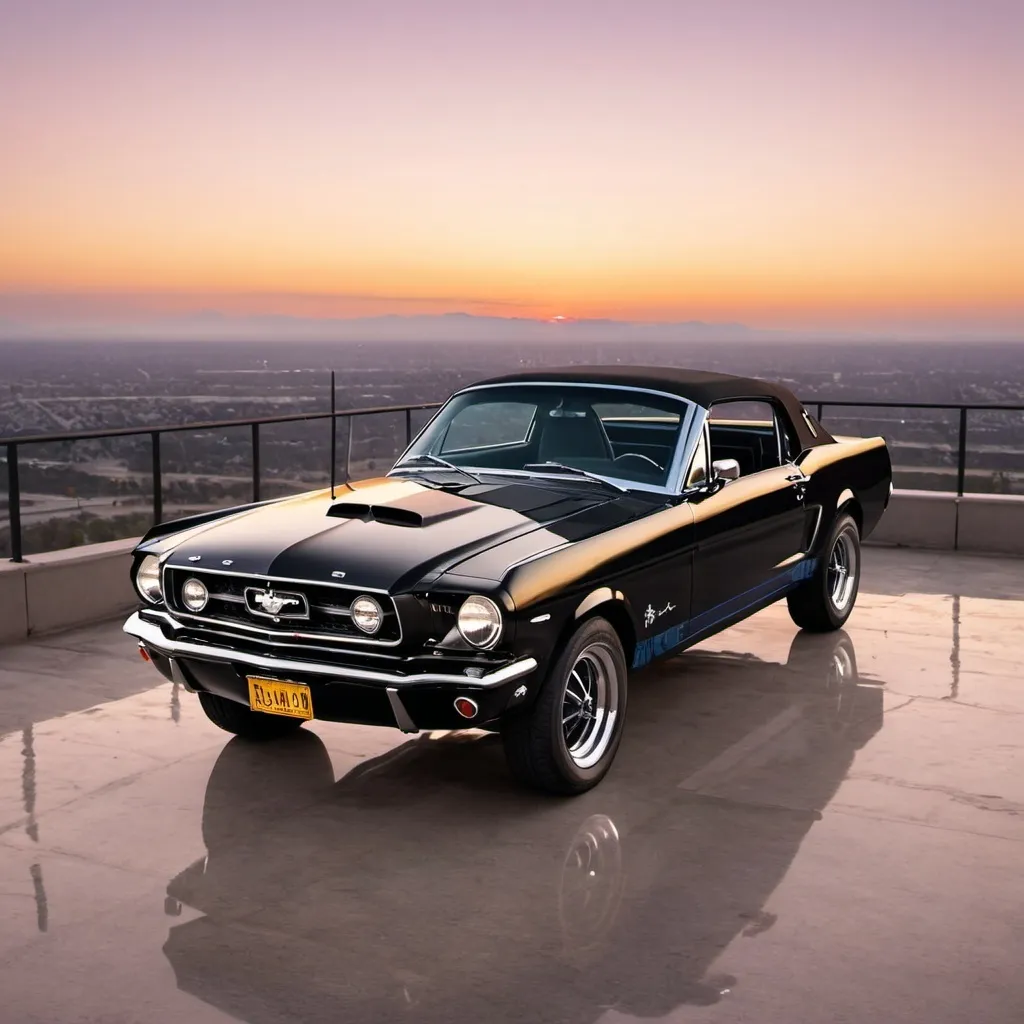 Prompt: one annimated like GTA black old mustang on a highview at sunset