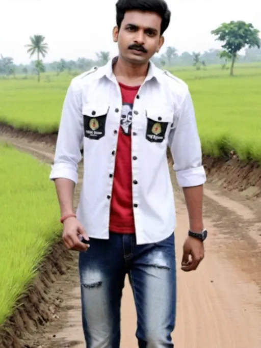 Prompt: a man standing on a dirt road next to a tree and grass covered field with a red shirt on, Bikash Bhattacharjee, samikshavad, jayison devadas, a picture