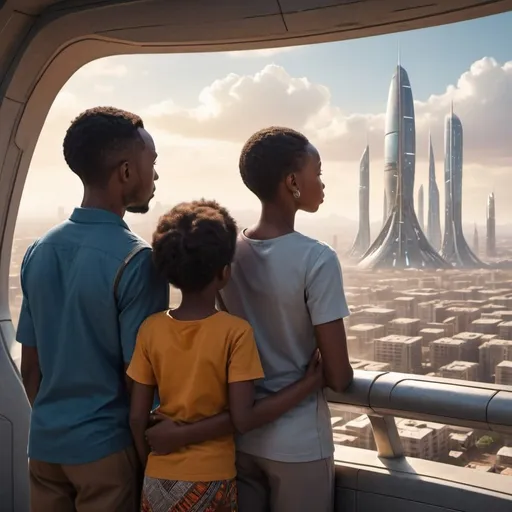 Prompt: An African family is staring out into the distance looking at a futuristic city with hope for the future