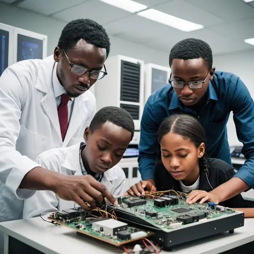 Prompt: An African engineer is teaching a student about something in the lab, they are huddled over a motherboard and the lab is well-equipped. It is a computer lab