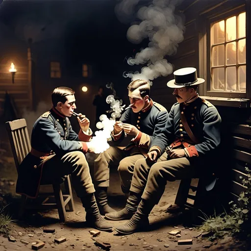 Prompt: 2 19th century gun soldiers wounded smoking night