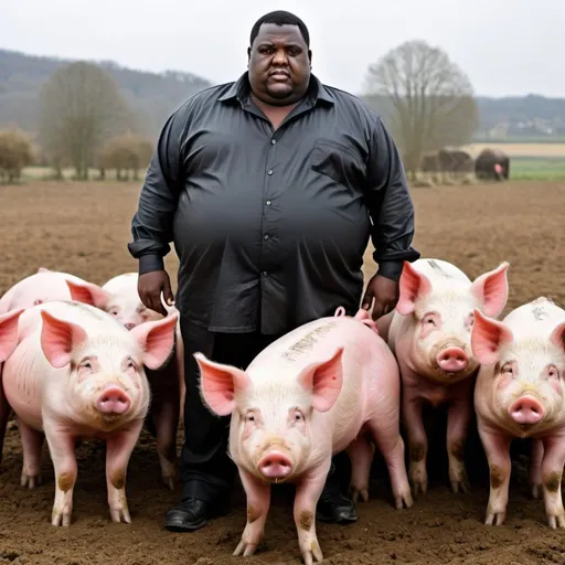 Prompt: make a picture of a overweight black massiah who is the Shepard of  pigs