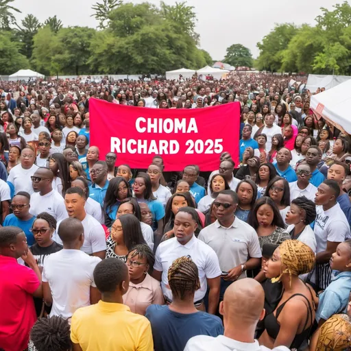 Prompt: Crowd staring at a banner that states “Chioma X RICHARD 2025”