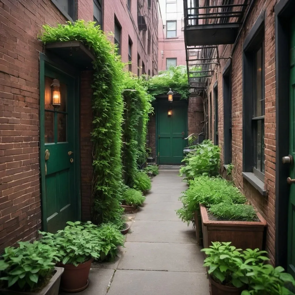 Prompt: speakeasy alleyway with a green garden flourishing
