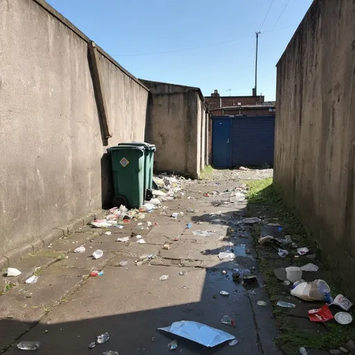 Prompt: neglected alleyway with broken glass and rubbish on the floor