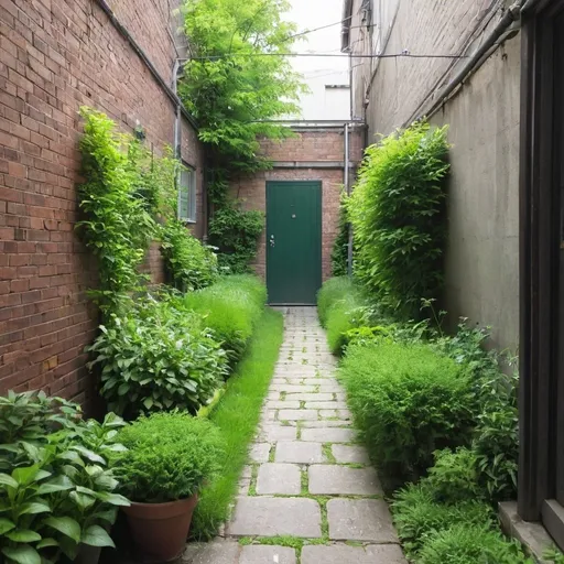 Prompt: alleyway with a green garden flourishing
