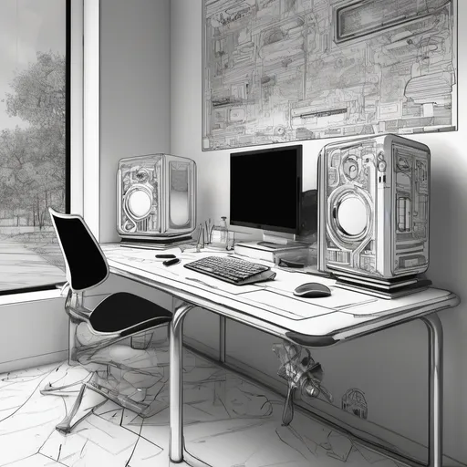 Prompt: Create a hand-drawn black and white art piece on canvas using a fine-point pen. The artwork should depict a futuristic desktop workspace set in the year 4047, but with a nostalgic retro design that harks back to the year 2030. The workspace should feature clean lines, showcasing monitors and a PC tower on a minimalist bench top. Pay attention to the details to capture the blend of futuristic elements and retro aesthetics, ensuring the piece reflects the unique fusion of two distinct eras.
