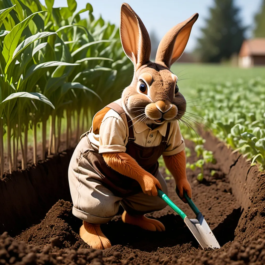 Prompt: The brown rabbit is diligently holding a hoe and tilling the soil