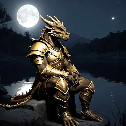 Prompt: gold dragonborn sitting under moonlight near a lake looking sad