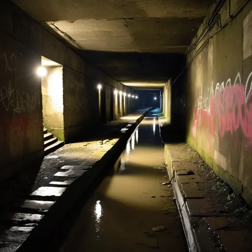 Prompt: dimly lit, decrepit tunnel system hidden beneath the streets of a run-down, impoverished town. The tunnel walls are rough-hewn and unfinished, with chunks of concrete and dirt spilling into pools of murky water. Flickering light bulbs provide barely enough illumination to see by, casting eerie shadows on the damp stones. Traces of graffiti and street art can be glimpsed on the walls