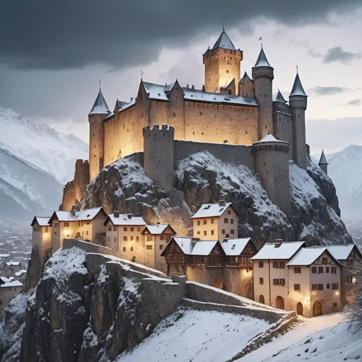 Prompt: Old stone castle overlooking a snowy medieval city, steep terrain, rough stone buildings, giant snowy mountain chain in background, low-angle shot, snowy atmosphere, medieval architecture, detailed snow textures, atmospheric lighting, highres, detailed, medieval, snowy, low-angle shot