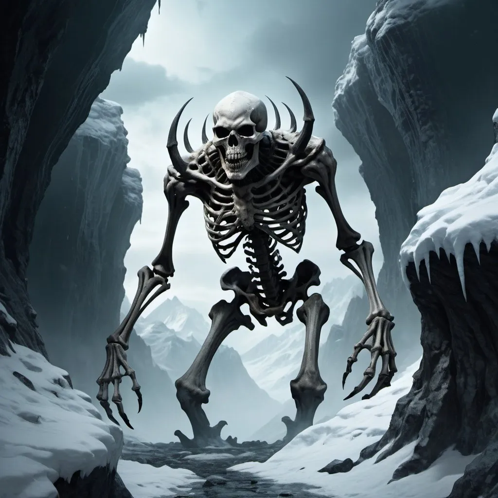 Prompt: One giant skeletal demon emerging from the abyss, snowy peaks, highres, ultra-detailed, horror, skeletal features, snowy landscape, abyssal emergence, intense and ominous atmosphere, dark and eerie color tones, bone-chilling lighting