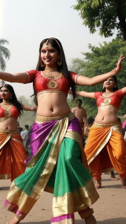 Prompt: A lively and energetic dance sequence inspired by Bhojpuri culture, with a group of dancers performing in sync to the upbeat lyrics. The setting is a colorful, festive outdoor location with vibrant decorations typical of Indian celebrations. The dancers, dressed in traditional yet modern Bhojpuri attire, incorporate playful and flirtatious movements that match the lyrics "सेक्सी साली जी, हमरी आधी घरवाली जी
ऐ साली जी, ऐ साली जी
तोहर नखरा के ना नइखे कवनो सानी जी
हमरी आधी घरवाली जी
सेक्सी साली जी, हमरी आधी घरवाली जी". The choreography should include expressive hand gestures, twirls, and footwork that reflect the mood of the song, focusing on the playful interaction between the male and female dancers.