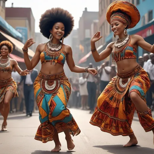 Prompt: (Afro-American culture), vibrant colors, rhythmic patterns, celebratory ambiance, urban street art, dancing figures in traditional attire, rich cultural symbols, fusion of musical elements, warm and inviting atmosphere, detailed backgrounds of historic landmarks, intricate accessories and attire, high-quality, ultra-detailed, 4K resolution.