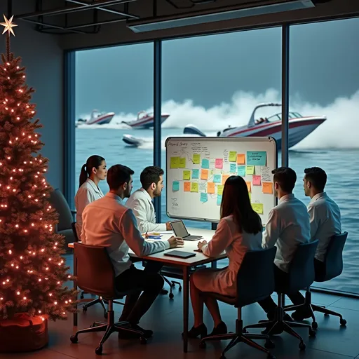 Prompt: (futuristic-retro futurism style), a group of 9 male and female scientists at a whiteboard filled with colorful post-it notes and detailed timelines, dynamic blurred speedboats creating motion in the dark background, (drowsy day ambiance), a beautifully decorated Christmas Tree in the foreground, velvety shadows juxtaposed against the dim glow of the room, sleek glass windows revealing the lively scene outside, high-definition, ultra-detailed. Multiple speedboats on water, speeding away, clearly visible through window in the background.