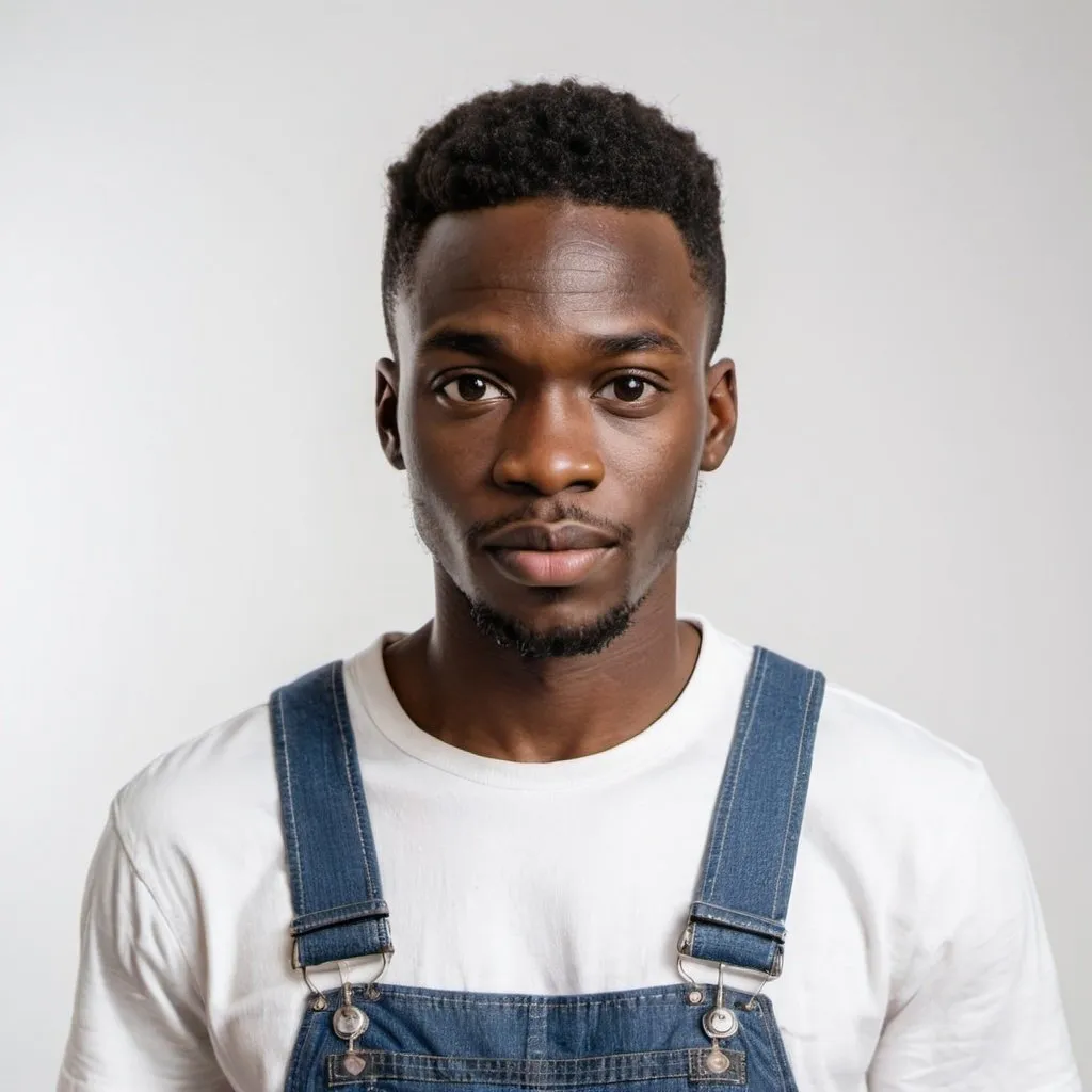 Prompt: An African male model wearing overalls with a white background. Posing as if he is about to have a portrait painted of him