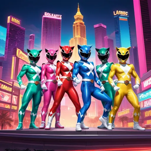 Prompt: Graphic illustration comic style modern fun cat power Rangers style squad with power ranger style outfits sitting on KOOLKATTZ billboard in Vegas having fun