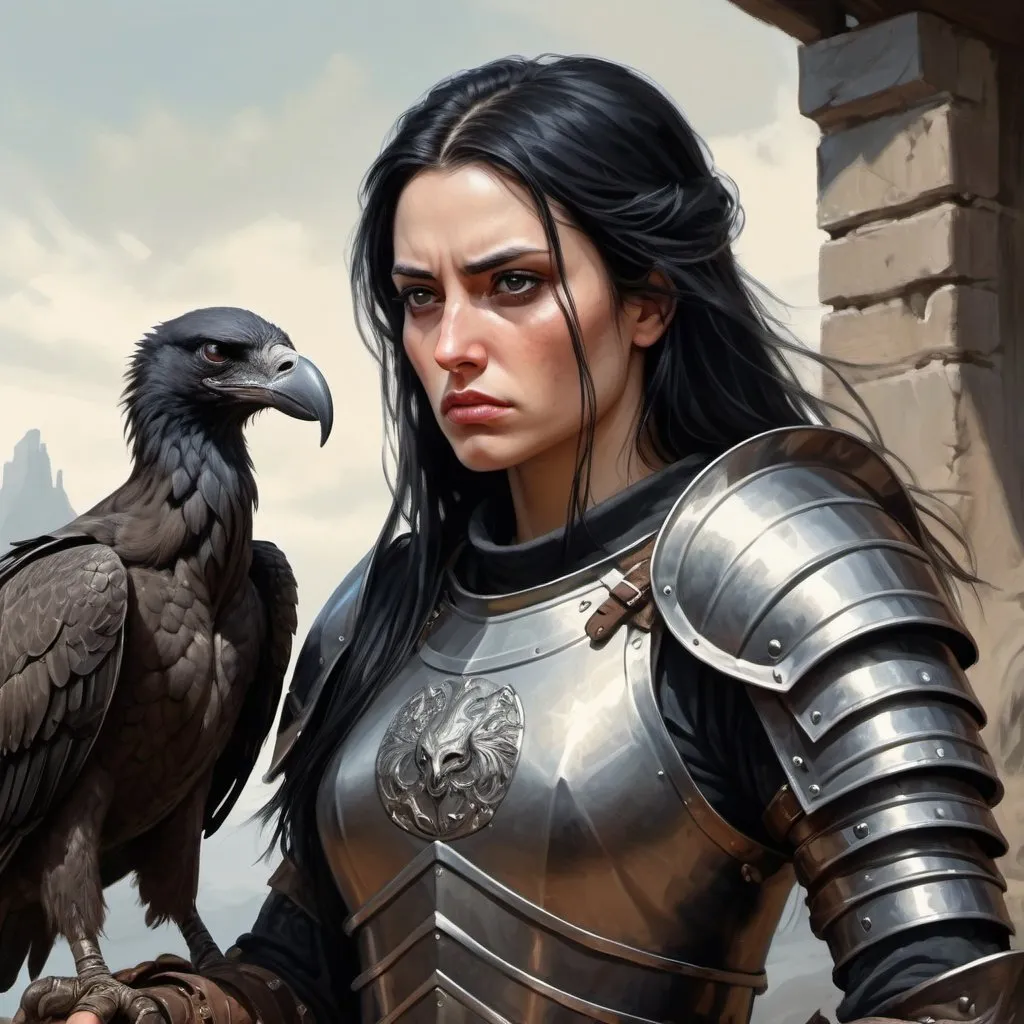 Prompt: female warrior in a half plate armor, she has long black hair, looks rather unfriendly, and has a strong jaw. 30-year old. Slightly masculine features. A vulture sits on her arm. Fantasy, medieval. Digital art, oil painting. Highly detailed. 