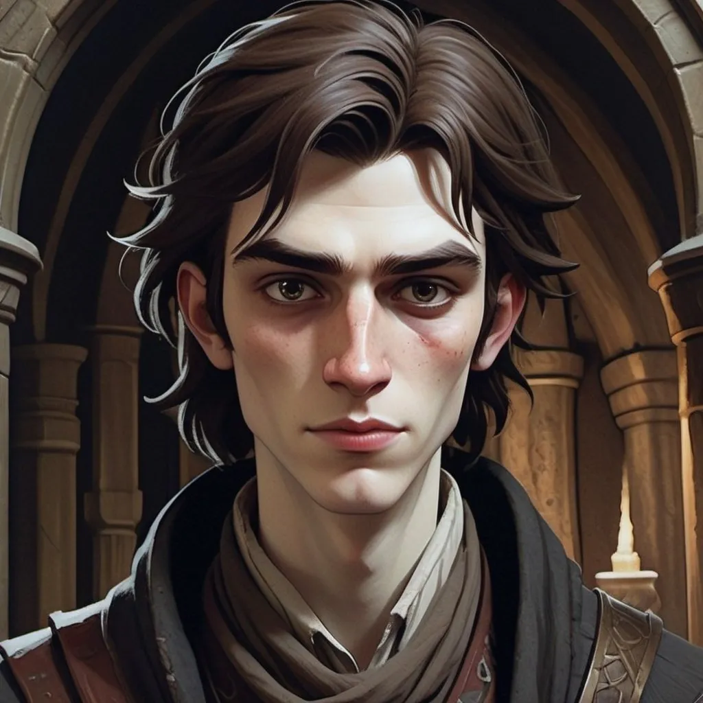 Prompt: Undead artificer with pale complexion, dark circles under eyes, 14-year-old boy, pale lips, wearing a medieval black coat and long scarf, long brown tied hair, long thin face, tired expression, tired smile, watercolor, tall and slim, detailed facial features, intricate fantasy design, moody lighting, professional quality, oil painting, watercolor, detailed facial features, pale complexion, tall, slim, undead, artificer, moody lighting, medieval 
