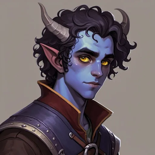 Prompt: Young tiefling, black curly hair, young face, sharp facial features, blue skin, yellow cat eyes, smirk, fantasy setting, rogue, oil painting, digital art, horns, detailed facial features, high quality, fantasy, rogue, blue skin, yellow eyes, moody lighting, 14-year old, poor clothes, brown coat, brown clothes, male, tail