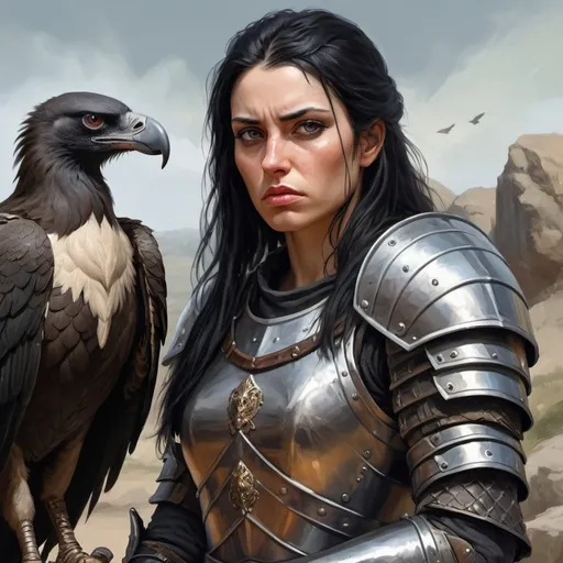 Prompt: female warrior in a half plate armor, she has long black hair, looks rather unfriendly, and has a strong jaw. 30-year old. Slightly masculine features. A vulture sits on her arm. Fantasy, medieval. Digital art, oil painting. Highly detailed. 