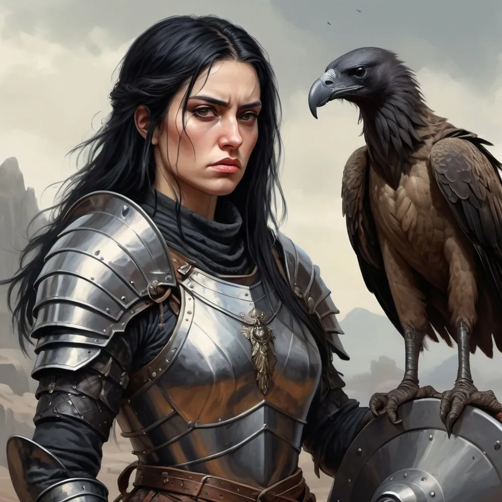 Prompt: female warrior in a half plate armor, she has long black hair, looks rather unfriendly, and has a strong jaw. 30-year old. Slightly masculine features. A vulture sits on her arm. Fantasy, medieval. Digital art, oil painting. Highly detailed. 