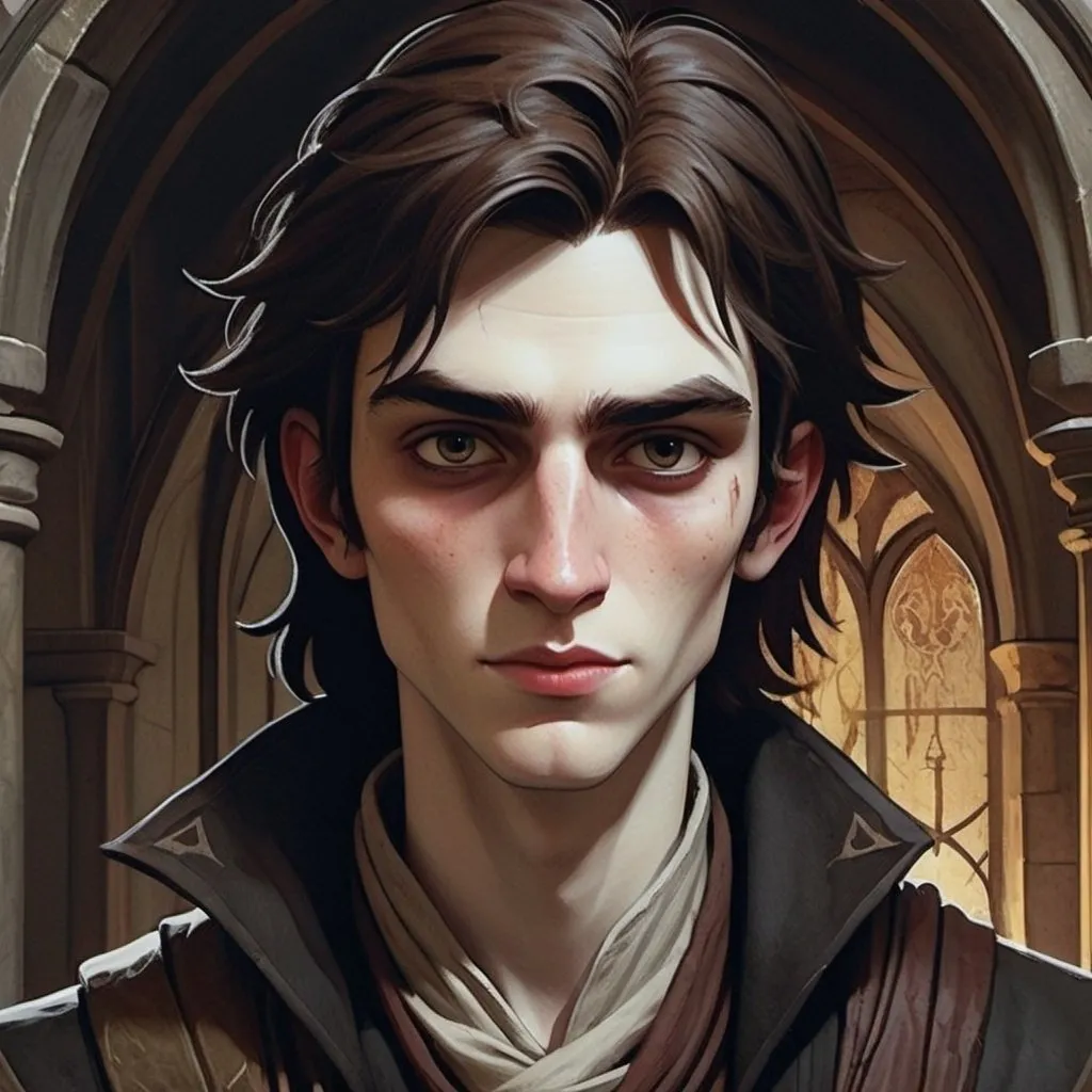 Prompt: Undead artificer with pale complexion, dark circles under eyes, 14-year-old boy, pale lips, wearing a medieval black coat and long scarf, long brown tied hair, long thin face, tired expression, tired smile, watercolor, tall and slim, detailed facial features, intricate fantasy design, moody lighting, professional quality, oil painting, watercolor, detailed facial features, pale complexion, tall, slim, undead, artificer, white gloves, moody lighting, medieval 