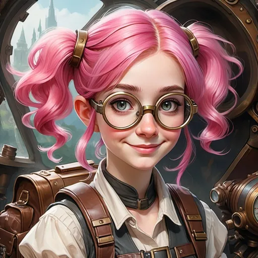 Prompt: 20-year-old gnome girl, big grey eyes, bright-pink hair, thin lips, big nose, clever smile, short and slim, wearing steampunk suit, two ponytails, goggles, high quality, steampunk style, bright pink, detailed eyes, whimsical, atmospheric lighting, professional, fantasy, portrait, face close-up, watercolor, oil painting, backpack, ready for an adventure 