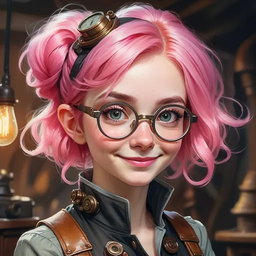 Prompt: 20-year-old gnome girl, big grey eyes, bright-pink hair, thin lips, big nose, big glasses, clever smile, crazy punk hairstyle, short and slim, wearing steampunk suit, high quality, steampunk style, bright pink, detailed eyes, whimsical, atmospheric lighting, professional, fantasy, portrait, face close-up, watercolor, oil painting