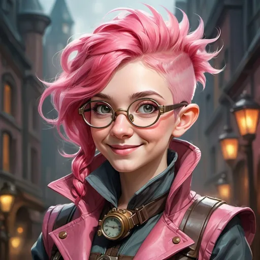 Prompt: 20-year-old gnome girl, big grey eyes, bright-pink hair, thin lips, big nose, big goggles, wears a coat, clever smile, mohawk hairstyle, short and slim, short mohawk hair, wearing steampunk suit, high quality, steampunk style, bright pink, detailed eyes, whimsical, atmospheric lighting, professional, fantasy, portrait, face close-up, watercolor, oil painting, sketch, painting, 2d picture  