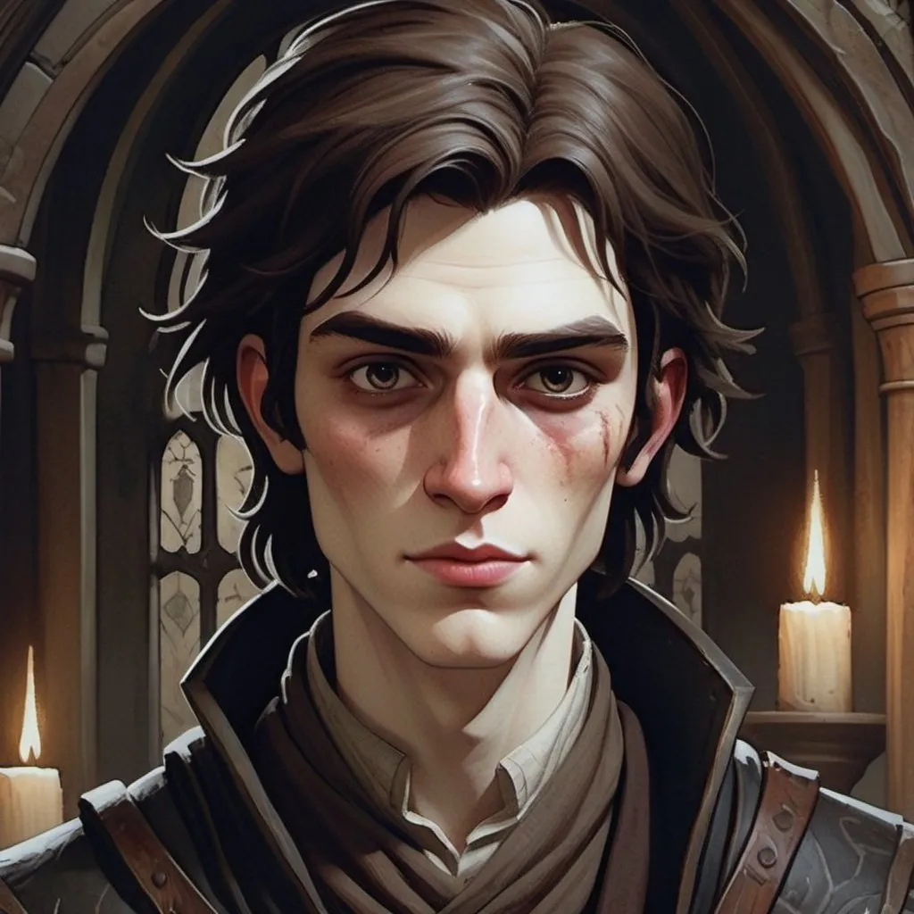 Prompt: Undead artificer with pale complexion, dark circles under eyes, 14-year-old boy, pale lips, wearing a medieval black coat and long scarf, long brown tied hair, long thin face, tired expression, tired smile, watercolor, tall and slim, detailed facial features, intricate fantasy design, moody lighting, professional quality, oil painting, watercolor, detailed facial features, pale complexion, tall, slim, undead, artificer, moody lighting, medieval 