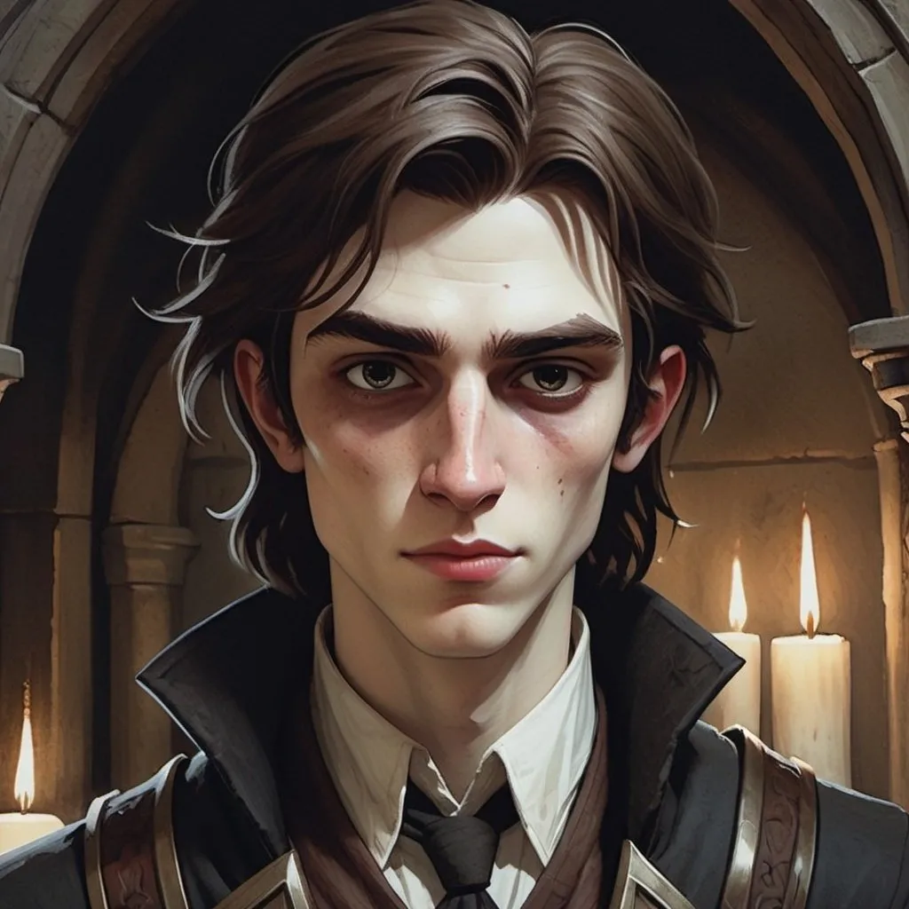 Prompt: Undead artificer with pale complexion, dark circles under eyes, 14-year-old boy, pale lips, wearing a medieval black coat and white shirt, long brown tied hair, long thin face, tired expression, tired smile, watercolor, tall and slim, detailed facial features, intricate fantasy design, moody lighting, professional quality, oil painting, watercolor, detailed facial features, pale complexion, tall, slim, undead, artificer, white gloves, moody lighting, medieval 