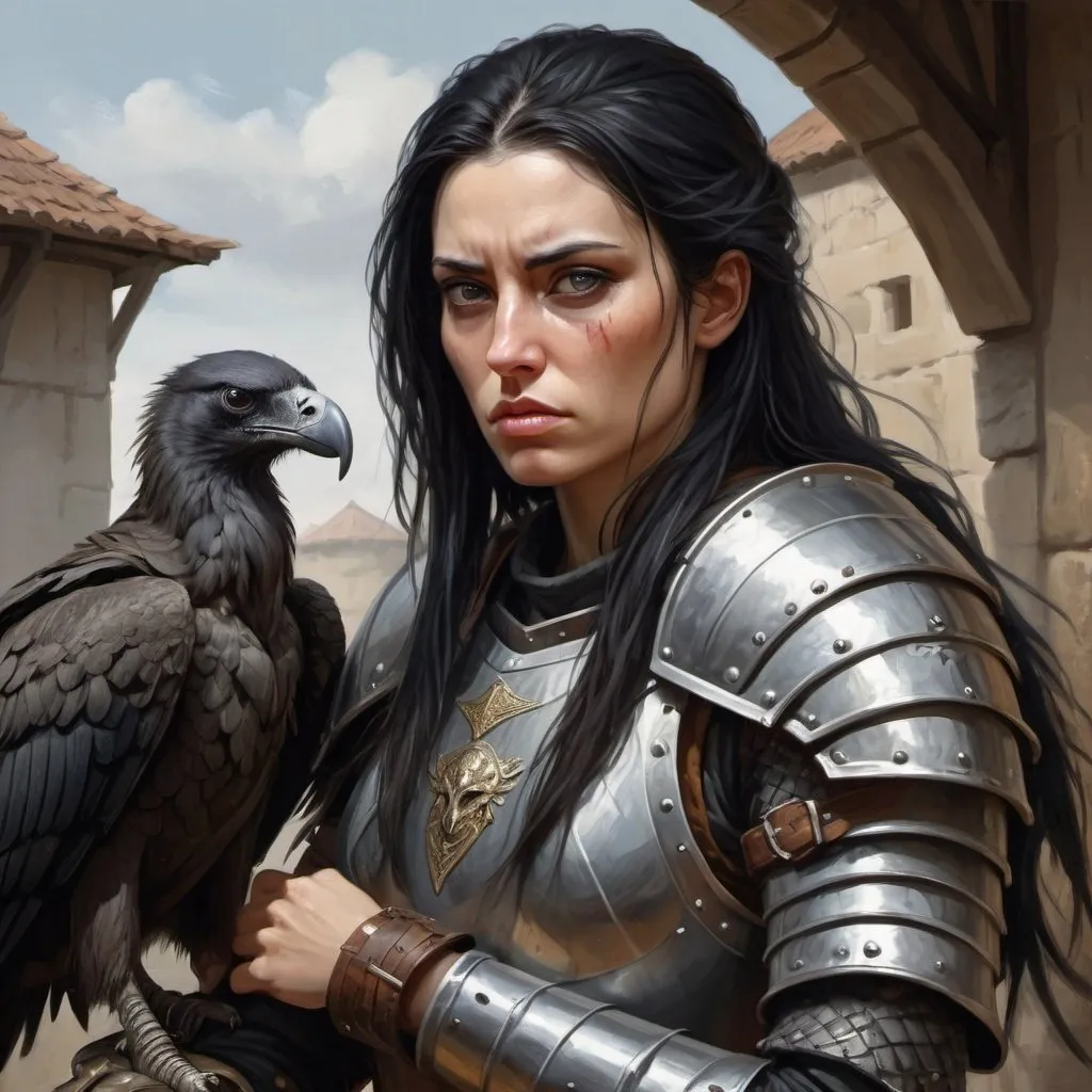 Prompt: female warrior in a half plate armor, she has long black hair, looks rather unfriendly, and has a strong jaw. 30-year old. Slightly masculine features. A vulture sits on her arm. Fantasy, medieval. Digital art, oil painting. Highly detailed. 