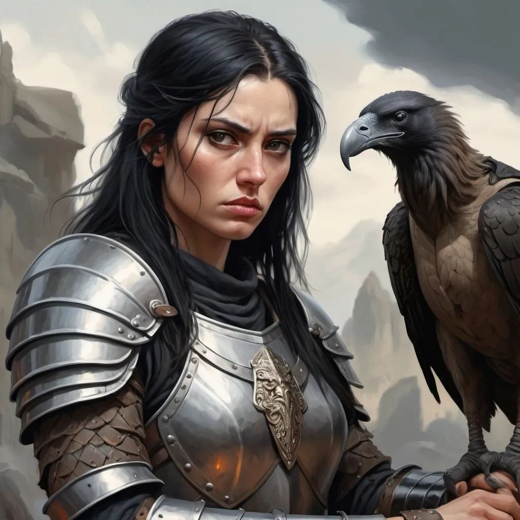 Prompt: female warrior in a half plate armor, she has long black hair, looks rather unfriendly, and has a strong jaw. 30-year old. Slightly masculine features. A vulture sits on her arm. Fantasy, medieval. Digital art, oil painting. Highly detailed. 