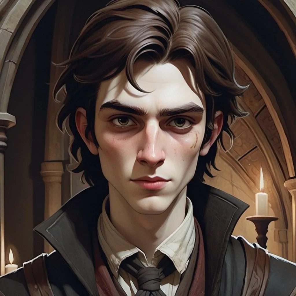 Prompt: Undead artificer with pale complexion, dark circles under eyes, 14-year-old boy, pale lips, wearing a medieval black coat and long scarf, long brown tied hair, long thin face, tired expression, tired smile, watercolor, tall and slim, detailed facial features, intricate fantasy design, moody lighting, professional quality, oil painting, watercolor, detailed facial features, pale complexion, tall, slim, undead, artificer, white gloves, moody lighting, medieval 