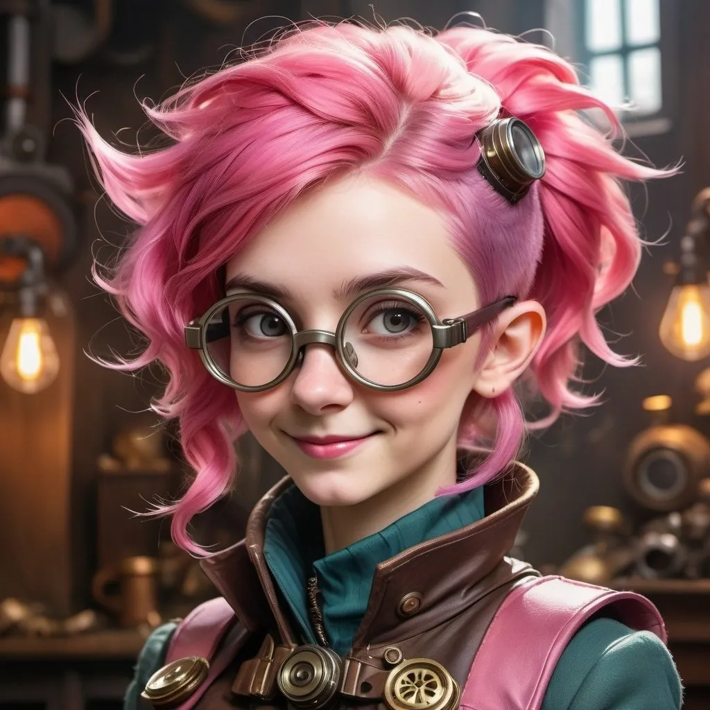 Prompt: 20-year-old gnome girl, big grey eyes, bright-pink hair, thin lips, big nose, big goggles, wears a coat, clever smile, mohawk hairstyle, short and slim, mohawk hair, wearing steampunk suit, high quality, steampunk style, bright pink, detailed eyes, whimsical, atmospheric lighting, professional, fantasy, portrait, face close-up, watercolor, oil painting