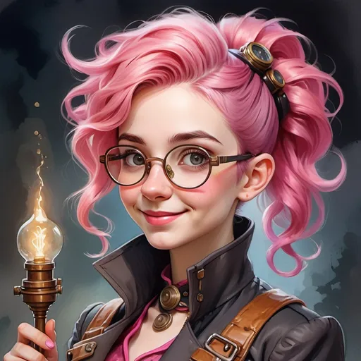 Prompt: 20-year-old gnome girl, big grey eyes, bright-pink hair, thin lips, big nose, big glasses, wears a coat, clever smile, mohawk hairstyle, short and slim, wearing steampunk suit, high quality, steampunk style, bright pink, detailed eyes, whimsical, atmospheric lighting, professional, fantasy, portrait, face close-up, watercolor, oil painting