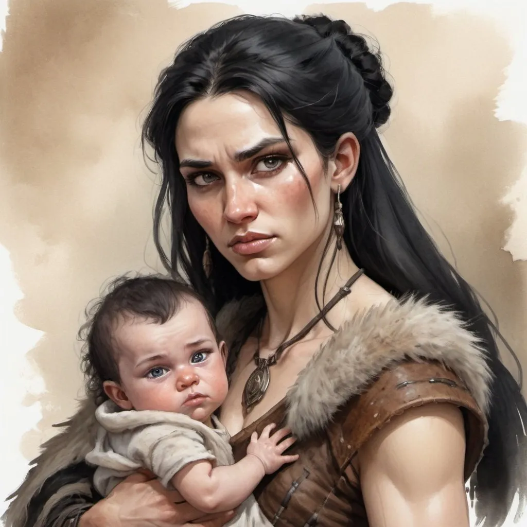 Prompt: barbarian woman in a long dress made from fur and skin, she has tied-up black hair, and pale eyes, looks rather unfriendly, and has a strong jaw. 23-year old. masculine facial features. Smiles softly. Holds a newborn baby.
Fantasy, medieval. Digital art, oil painting, watercolor, sketch 