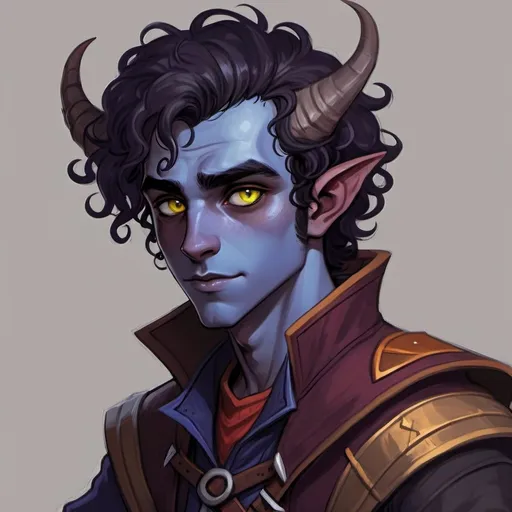 Prompt: Young tiefling, black curly hair, young face, sharp facial features, blue skin, yellow cat eyes, smirk, fantasy setting, rogue, oil painting, digital art, horns, detailed facial features, high quality, fantasy, rogue, blue skin, yellow eyes, moody lighting, 14-year old, poor clothes, brown coat, brown clothes, male, tail