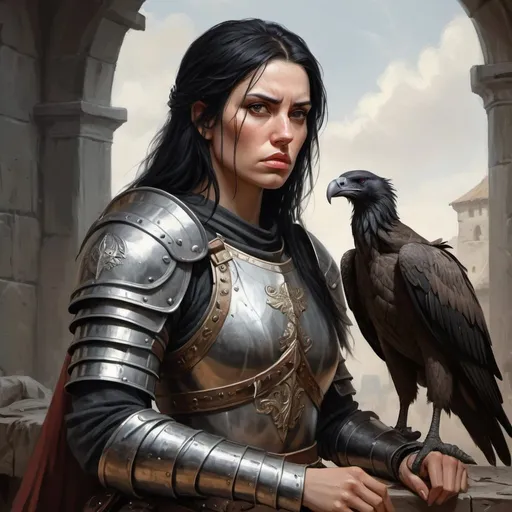 Prompt: female warrior in a half plate armor, she has long black hair, looks rather unfriendly, and has a strong jaw. 30-year old. Slightly masculine features. A vulture sits on her arm. Fantasy, medieval. Digital art, oil painting. Highly detailed. 