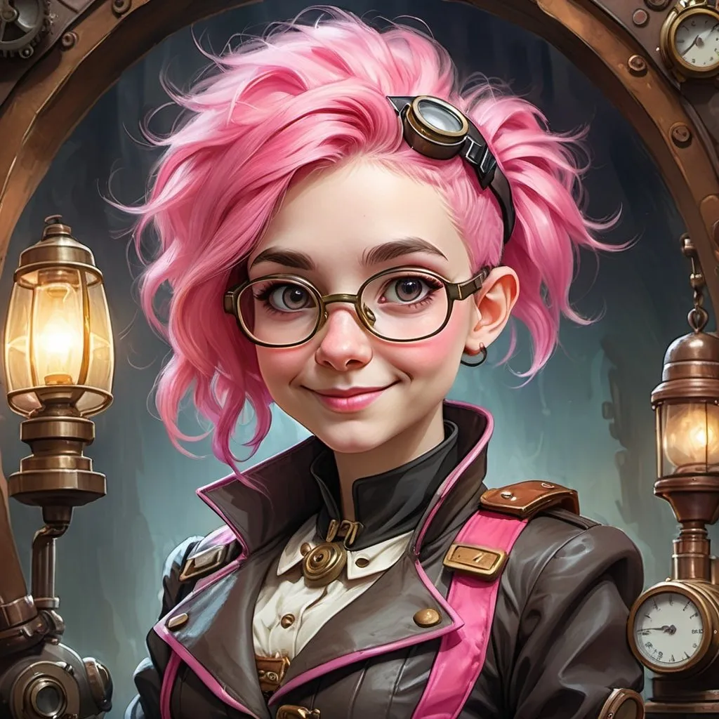 Prompt: 20-year-old gnome girl, big grey eyes, bright-pink hair, thin lips, big nose, big goggles, wears a coat, clever smile, mohawk hairstyle, short and slim, short mohawk hair, wearing steampunk suit, high quality, steampunk style, bright pink, detailed eyes, whimsical, atmospheric lighting, professional, fantasy, portrait, face close-up, watercolor, oil painting, sketch, painting  