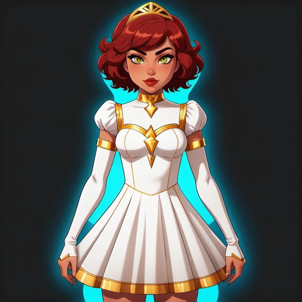 Prompt: A beautiful young 14 year old ((Latina)) evil anime light goddess with light brown skin and a symmetrical round cute face with big lips. She has a strong curvy body with a small waist. She has short curly reddish brown hair that curves to the left side of her head and reddish brown eyebrows. She wears a beautiful white short princess dress with gold and she wears a short white skirt. She wears white boots with gold on it. She has big brightly glowing yellow eyes and white pupils. She has long eyelashes. She wears a small golden tiara. She has a yellow aura around her. Full body art. {{{{high quality art}}}} Illustration. Concept art. Symmetrical face. Digital. Perfectly drawn. A cool background. Five fingers, yellow glowing eyes, full view of dress, character design, multiple angles, different views of head and body. 2D animation art style