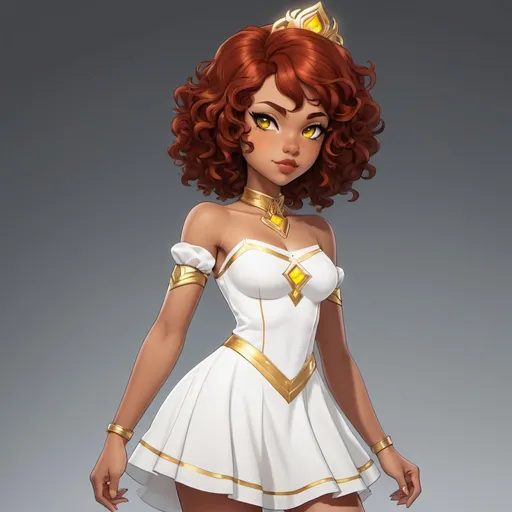 Prompt: A beautiful young 14 year old ((Latina)) evil anime light elemental princess with light brown skin and a symmetrical round cute face with big lips. She has a strong curvy body with a small waist. She has short curly reddish brown hair that curves to the left side of her head and reddish brown eyebrows. She wears a beautiful white short princess dress with gold and she wears a short white skirt. She wears white boots with gold on it. She has big brightly glowing yellow eyes and white pupils. She has long eyelashes. She wears a small golden tiara. She has a yellow aura around her. Full body art. {{{{high quality art}}}} ((light goddess)). Illustration. Concept art. Symmetrical face. Digital. Perfectly drawn. A cool background. Five fingers, yellow glowing eyes, full view of dress, character design, multiple angles, different views of head and body 