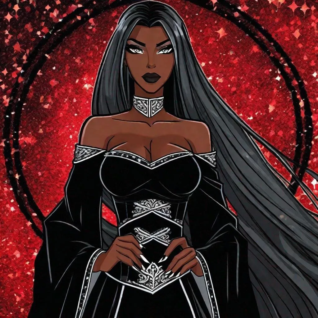 Prompt: A beautiful 59 ft tall 28 year old ((Latina))  anime darkness elemental queen with dark brown skin and a beautiful strong face. She has a strong body. She has long straight black hair that covers the entire left side of her face at the top and she has black eyebrows. She wears a beautiful long black dress that has a silvery glitter to it. She has brightly glowing white eyes with white pupils. She has black lips. She wears a sliver tiara. She has a black aura behind her. She is at you with her glowing white eyes. She is looking in a mirror in a room. Full body art. Beautiful art. 
{{{{high quality art}}}} ((Darkness goddess)). Illustration. Concept art. Symmetrical face. Digital. Perfectly drawn. A beautiful background. Perfect hands. Only dark brown skin, hair covering left side of face, two arms and hands, cover left side of head, follow prompt, full view of dress and body