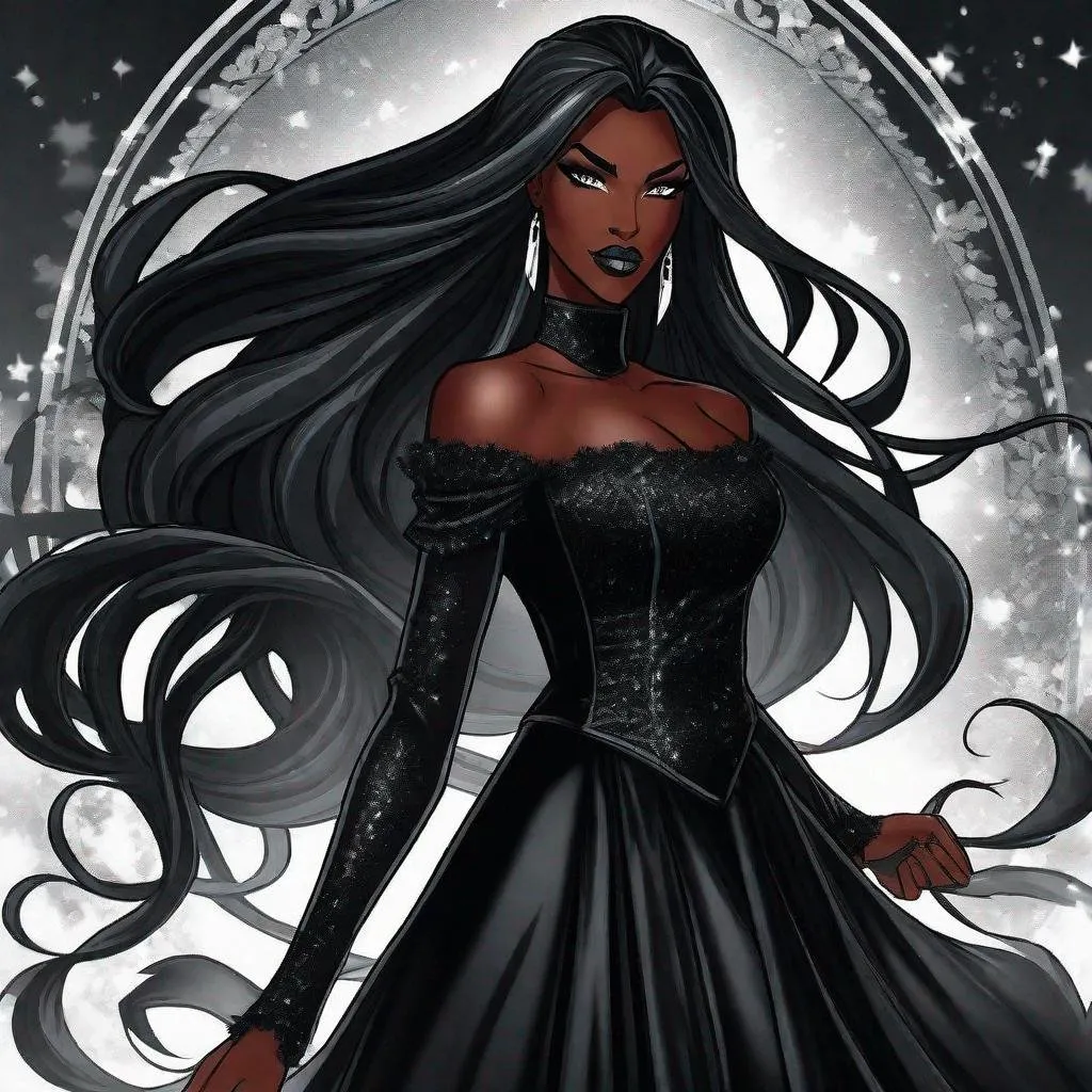 Prompt: A beautiful 59 ft tall 28 year old ((Latina))  anime darkness elemental queen with dark brown skin and a beautiful strong face. She has a strong body. She has long straight black hair that covers the entire left side of her face at the top and she has black eyebrows. She wears a beautiful long black dress that has a silvery glitter to it. She has brightly glowing white eyes with white pupils. She has black lips. She wears a sliver tiara. She has a black aura behind her. She is at you with her glowing white eyes. She is looking in a mirror in a room. Full body art. Beautiful art. 
{{{{high quality art}}}} ((Darkness goddess)). Illustration. Concept art. Symmetrical face. Digital. Perfectly drawn. A beautiful background. Perfect hands. Only dark brown skin, hair covering left side of face, two arms and hands, cover left side of head, follow prompt, full view of dress and body