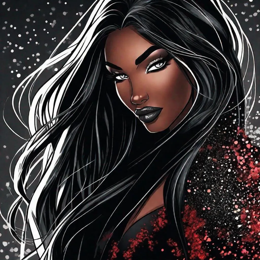 Prompt: A beautiful 59 ft tall 28 year old ((Latina))  anime darkness elemental queen with dark brown skin and a beautiful strong face. She has a strong body. She has long straight black hair that covers the entire left side of her face at the top and she has black eyebrows. She wears a beautiful long black dress that has a silvery glitter to it. She has brightly glowing white eyes with white pupils. She has black lips. She wears a sliver tiara. She has a black aura behind her. She is at you with her glowing white eyes. She is looking in a mirror in a room. Full body art. Beautiful art. 
{{{{high quality art}}}} ((Darkness goddess)). Illustration. Concept art. Symmetrical face. Digital. Perfectly drawn. A beautiful background. Perfect hands. Only dark brown skin, hair covering left side of face, two arms and hands, cover left side of head, follow prompt, full view of dress and body