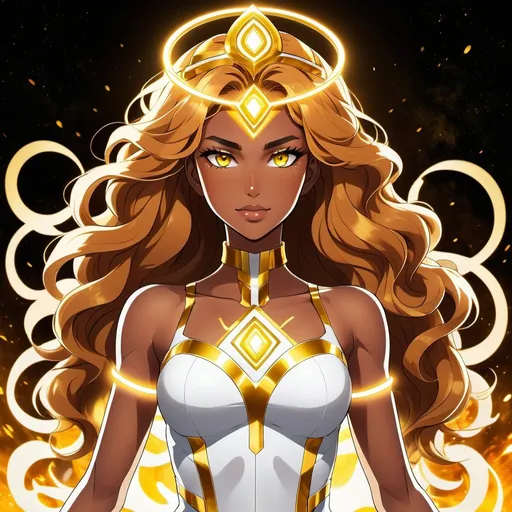 Prompt: A beautiful 17 year old ((Latina)) anime light elemental princess with light brown skin and a beautiful strong face. She has a strong body. She has curly golden yellow hair that parts at the top of her head and yellow eyebrows. She wears a beautiful tight white dress with gold markings on it. She has brightly glowing yellow eyes and white pupils. She has a yellow aura around her. She wears a beautiful golden tiara. She is welding light magic in a battle at an open field against enemies that stand in her way. Full body art. {{{{high quality art}}}} ((Light goddess)). Illustration. Concept art. Symmetrical face. Digital. Perfectly drawn. A cool background. Five fingers. Anime, two arms and hands, full view of dress and body